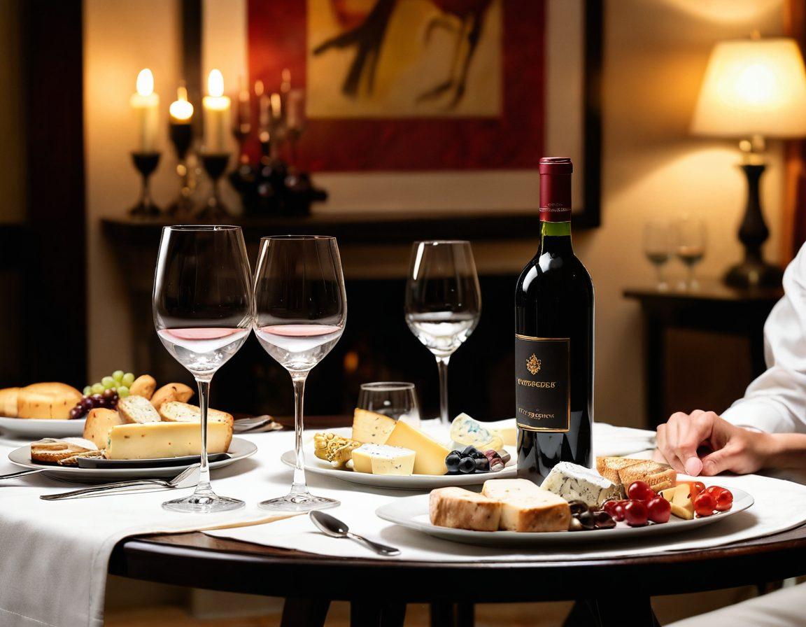 An elegant dining table set with an array of exquisite wine glasses filled with vibrant red and white wines, accompanied by gourmet cheese and artisan bread. Soft candlelight reflecting off crystal glassware, with a wine bottle and corkscrew in the background. A sommelier in a refined outfit, tasting wine and thoughtfully analyzing its qualities. The ambiance exudes sophistication and warmth, inviting the reader to indulge in the experience. painting. warm colors. soft focus.