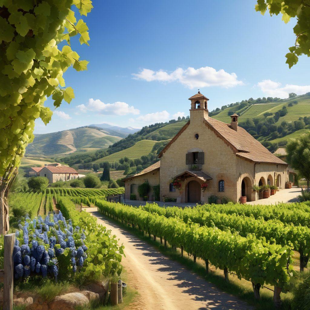 A picturesque vineyard showcasing artisanal wineries with elegantly designed rustic buildings, surrounded by lush green hills under a bright blue sky. Include grapevines laden with ripe grapes and hand-crafted wine barrels, with a small elegant tasting area adorned with fresh flowers. Captivate the tranquility and sophistication of nature meeting fine winemaking. super-realistic. vibrant colors. natural lighting.