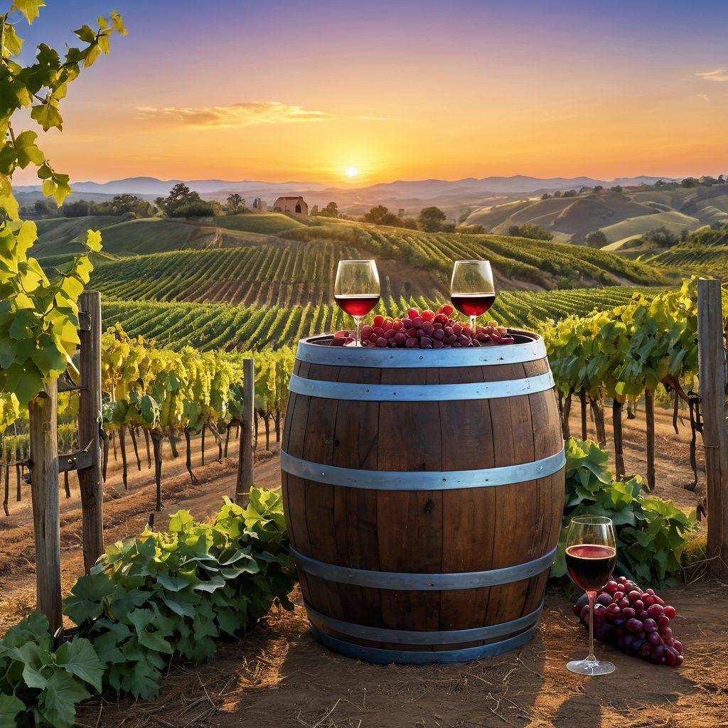 A picturesque vineyard landscape with rolling hills and lush grapevines under a clear blue sky, featuring a rustic wooden wine barrel with a glass of deep red wine beside it. Elegant wine bottles nestled among green foliage, and a golden sunset casting warm light over the scene. Intricate details of grape clusters hanging from vines, symbolizing artisanal craftsmanship. super-realistic. vibrant colors. sunset glow.